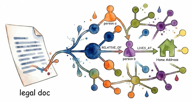 Watercolor illustration of entities and relationships being extracted from a legal document into a knowledge graph