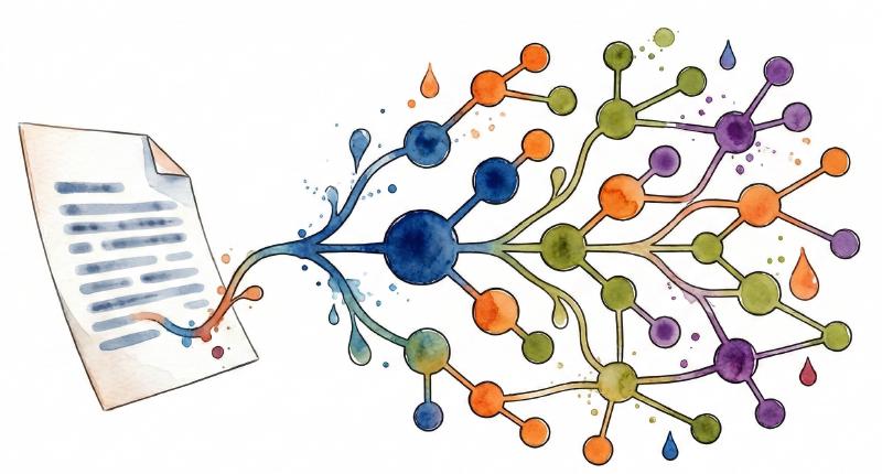 Watercolor illustration of a document transforming into a branching knowledge graph of colorful nodes