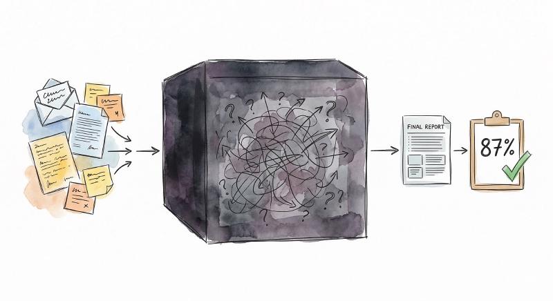 A hand-drawn blackbox illustration: messy inputs enter an opaque dark box, but a clean report comes out the other side with a clipboard showing 87% and a green checkmark
