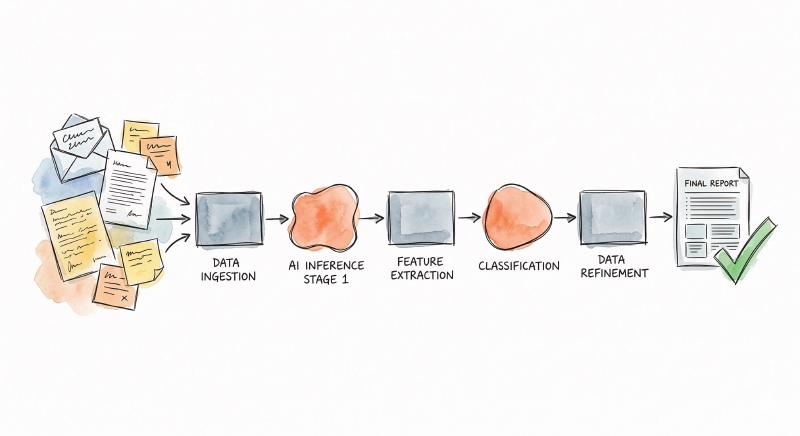 A hand-drawn pipeline illustration showing messy inputs flowing through a chain of stages — some precise and geometric, others loose and organic — producing a clean structured output